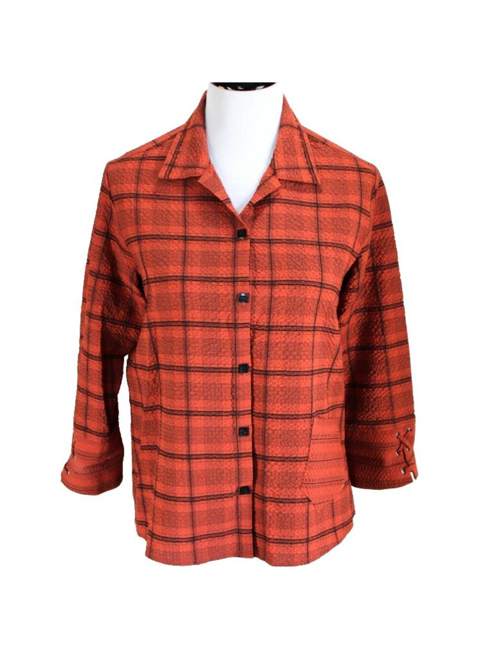 Habitat Plaid Blouse Womens Size S Rust Black Crinkle 3/4 Sleeve Button Front